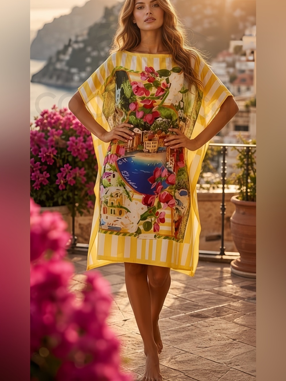 Portofino Riviera Tropical Pattern Oversized Casual Midi Dress - Picture 5 of 17